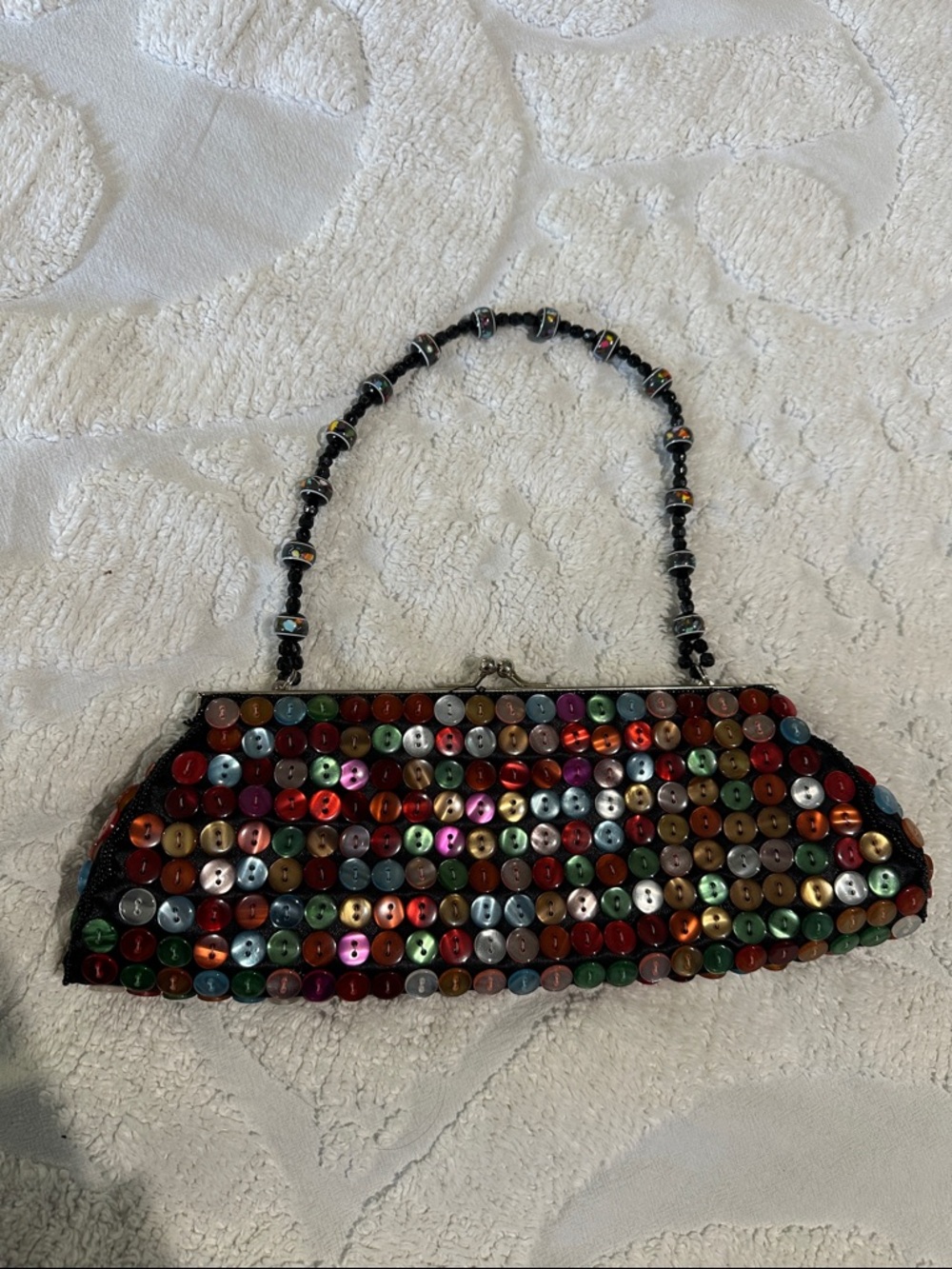Multicolor Buttoned Covered Evening Clutch with beaded strap. Unique